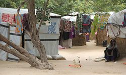A woman sits outside the huts at the El-Miskin Internal Displaced Camp on August 20, 2020 in Maiduguri. - The security situation is still extremely volatile in northeastern Nigeria, and jihadists from Boko Haram or the Islamic State in West Africa (Iswap) group control large areas of the territory, particularly around Lake Chad and the border with Niger. (Photo by AUDU MARTE / AFP)