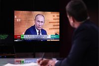 MOSCOW, RUSSIA - DECEMBER 19, 2019: A live broadcast of an annual news conference by Russian President Vladimir Putin at a production studio of the RT (Russian Today) television network. Sergei Bobylev/TASS (Photo by Sergei Bobylev\TASS via Getty Images)