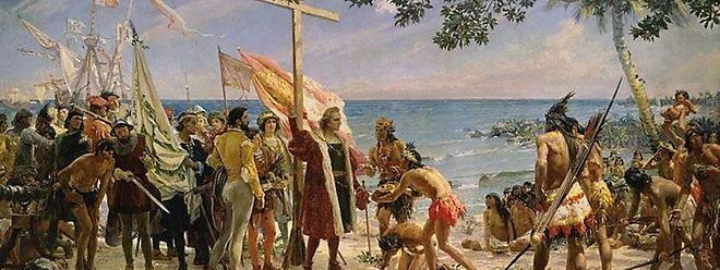 O quadro que "mostra" a chegada de Cristovão Colombo ao novo mundo, em 1492. 