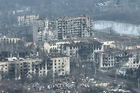 This video grab taken from a shooting by AFPTV shows an aerial view of destructions in the city of Bakhmut on February 27, 2023. - Ukraine said on February 28, 2023 its forces were under pressure in Bakhmut, a nearly-destroyed city in the eastern Donetsk region that Russia has been trying to seize for months. This battle, the longest-running of Russia's year-long invasion, has involved mass artillery strikes, made high casualties on both sides, and reduced the city to rubble. (Photo by AFPTV / AFP)