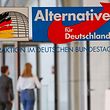 Two persons walk behind the logo of the parliamentary group of the Alternative for Germany (AfD) far-right party  on March 3, 2021 in the parliamentary compound of the Bundestag in Berlin, after Germany's domestic security agency has placed the far-right AfD under surveillance for posing a threat to democracy. - The Federal Office for the Protection of the Constitution (BfV) has classified the Alternative for Germany (AfD) party as a "suspected case" of ties to right-wing extremism, the sources told AFP. (Photo by Tobias SCHWARZ / AFP)