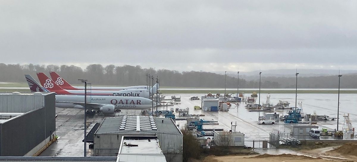 Cargolux and Qatar freighter jets on the tarmac at Luxembourg's airport on 22 December
