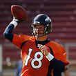 STANFORD, CA - FEBRUARY 04: Peyton Manning #18 of the Denver Broncos throws the ball during practice at Stanford Stadium on February 4, 2016 in Stanford, California. The Broncos will play the Carolina Panthers in Super Bowl 50 on February 7, 2016.   Ezra Shaw/Getty Images/AFP
== FOR NEWSPAPERS, INTERNET, TELCOS & TELEVISION USE ONLY ==
