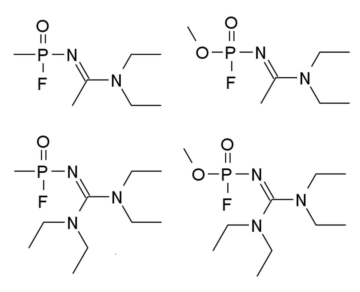 Die angenommenen Strukturformeln einiger Nowitschok-Varianten. Die genaue Struktur wird auch im Westen bis heute geheim gehalten.