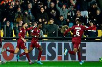 Metz's Ghanaian defender John Boye (C) celebrates with teammates after scoring during the French L1 football match between FC Metz and Racing Club Strasbourg Alsace at the Saint-Symphorien stadium in Longeville-les-Metz, near Metz, northeastern France on January 11, 2020. (Photo by JEAN-CHRISTOPHE VERHAEGEN / AFP)