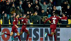 Metz's Ghanaian defender John Boye (C) celebrates with teammates after scoring during the French L1 football match between FC Metz and Racing Club Strasbourg Alsace at the Saint-Symphorien stadium in Longeville-les-Metz, near Metz, northeastern France on January 11, 2020. (Photo by JEAN-CHRISTOPHE VERHAEGEN / AFP)