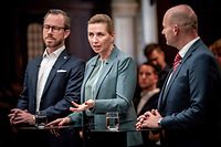 Mette Frederiksen (C), chairman of the Social Democrats speaks during a debate between candidates for Prime Minister of Denmark at the Danish Broadcasting Corporation in Copenhagen, on October 16, 2022, two weeks ahead of the general election. (Photo by Mads Claus Rasmussen / Ritzau Scanpix / AFP) / Denmark OUT