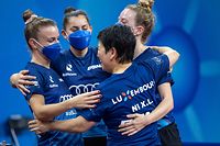 CHENGDU, CHINA - SEPTEMBER 30: Ni Xia Lian, Sarah De Nutte, Gonderinger Tessy and Ariel Barbosa of Luxembourg celebrate after winning the Women's Group match between Luxembourg and South Korea on Day 1 of 2022 ITTF World Team Championships Finals at High Technology Zone Sports Center on September 30, 2022 in Chengdu, Sichuan Province of China. (Photo by VCG/VCG via Getty Images)