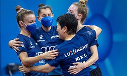 CHENGDU, CHINA - SEPTEMBER 30: Ni Xia Lian, Sarah De Nutte, Gonderinger Tessy and Ariel Barbosa of Luxembourg celebrate after winning the Women's Group match between Luxembourg and South Korea on Day 1 of 2022 ITTF World Team Championships Finals at High Technology Zone Sports Center on September 30, 2022 in Chengdu, Sichuan Province of China. (Photo by VCG/VCG via Getty Images)