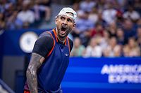 Australia's Nick Kyrgios reacts during his 2022 US Open Tennis tournament men's singles Round of 16 match against Russia's Daniil Medvedev at the USTA Billie Jean King National Tennis Center in New York, on September 4, 2022. (Photo by COREY SIPKIN / AFP)