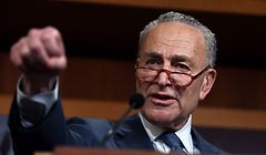 US Senate Minority Leader Chuck Schumer (D-NY) speaks at a press conference on US President Donald Trump's Impeachment trial on January 21, 2020 in Washington, DC. - Senate Republican Majority Leader Mitch McConnell is organizing a "rigged" impeachment trial for Donald Trump and working "in concert" with the president, chief House prosecutor Adam Schiff said Tuesday. "This is a process for a rigged trial," Schiff, the Democratic chairman of the House Intelligence Committee, told reporters after McConnell released proposed rules for the historic Senate trial. (Photo by OLIVIER DOULIERY / AFP)