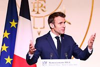 French President Emmanuel Macron delivers a speech to the contributors of the French European Union Presidency, in the "La Salle des Fetes" of the Elysee presidential Palace in Paris on January 17, 2023. - France held the Presidency of the Council of the European Union from 01 January to 30 June 2022. (Photo by Mohammed BADRA / POOL / AFP)