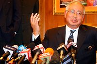 Malaysian Deputy Prime Minister Najib Abdul Razak speaks during a press conference in Kuala Lumpur, Malaysia, Thursday, July 3, 2008. A private detective claimed Thursday that police officers who investigated the 2006 killing of a Mongolian woman deliberately suppressed his statements that might have indicated the Malaysian deputy prime minister's involvement in the case. (AP Photo) ** MALAYSIA OUT **