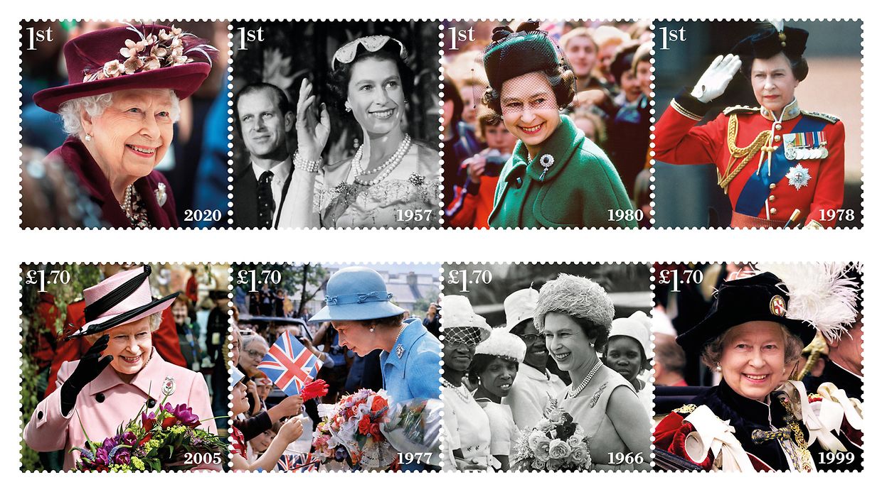 Mit acht neuen Briefmarken würdigt die Royal Mail das bevorstehende Platin-Jubiläum von Queen Elizabeth II. (95) auf dem britischen Thron.