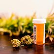 Marijuana buds sitting next to prescription medicine bottle