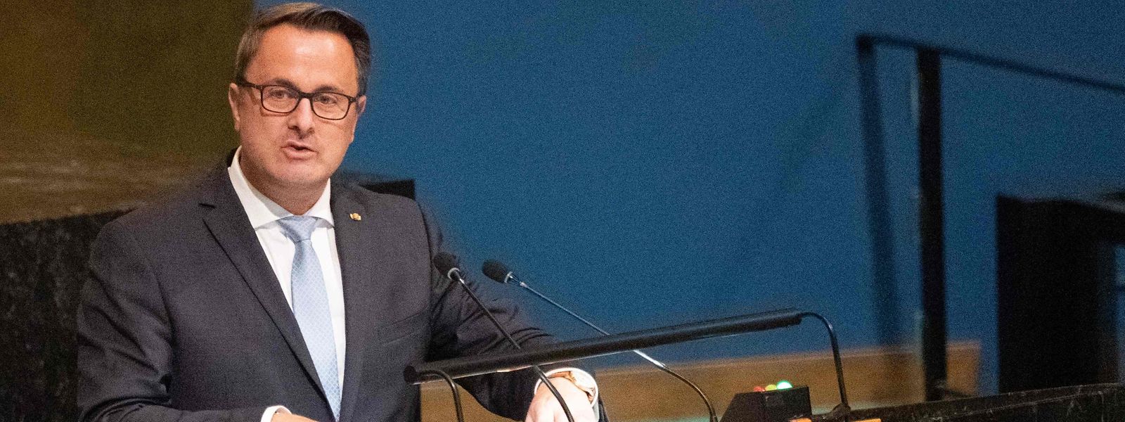 O primeiro-ministro luxemburguês, Xavier Bettel, no discurso na Assembleia Geral da ONU a 23 de setembro. 