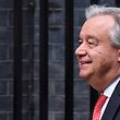 United Nations Secretary-General, Antonio Guterres reacts as he arrives at 10 Downing Street in central London on May 2, 2018 for a meeting with Britain's Prime Minister Theresa May. / AFP PHOTO / Ben STANSALL