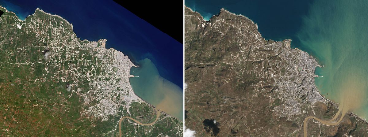 A une semaine d'intervalle, les deux prises de vue satellite montrent les ravages causés pour la seule ville de Jérémie peuplée de 135.000 habitants.