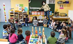 French teacher Melanie Giret (C), speaks to pupils in her classroom, before taking them outside for a lesson in contact with nature, in Clave, on February 4, 2021. (Photo by Sebastien SALOM-GOMIS / AFP)