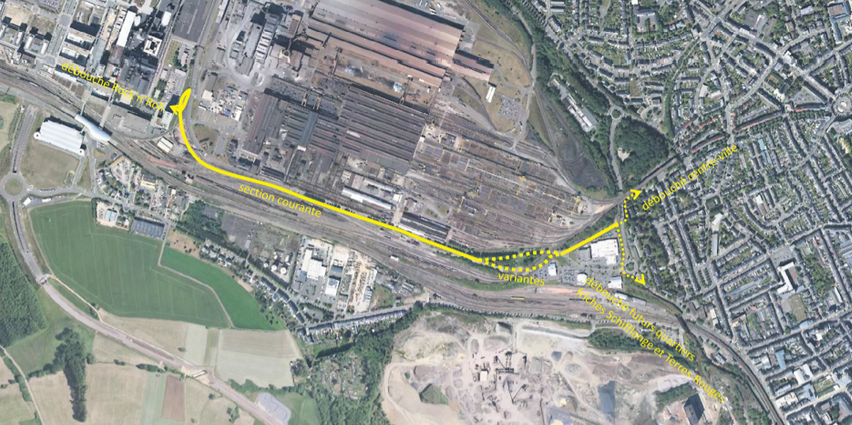 Der gelb eingezeichnete Studentewee soll nach diesem provisorischen Plan von Belval entlang der Bahngleise bis nach Esch/Alzette führen. Er beginnt unweit des Bürogebäudes des Fonds Belval und endet nahe dem Autohaus Losch. 