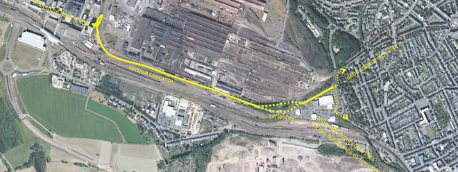 Der gelb eingezeichnete Studentewee soll nach diesem provisorischen Plan von Belval entlang der Bahngleise Richtung Stadtzentrum. Er beginnt unweit des Bürogebäudes des Fonds Belval und endet nahe dem Autohaus Losch . 