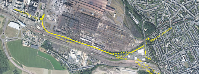 Der gelb eingezeichnete Studentewee soll nach diesem provisorischen Plan von Belval entlang der Bahngleise zwischen der ehemaligen Arbeitersiedlung Esch-Belval und dem gleichnamigen Stahlwerk bis nach Esch/Alzette führen. Er beginnt unweit des Bürogebäudes des Fonds Belval und endet nahe dem Autohaus Losch . 