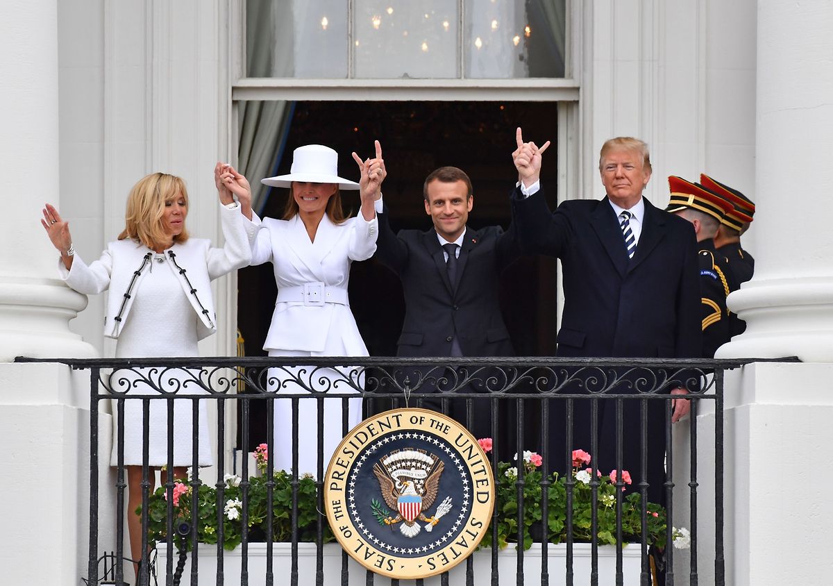 US President Donald Trump, French President Emmanuel Macron, US First Lady Melania Trump, and French First Lady Brigitte Macron on the balcony at the White House in Washington Photo: AFP