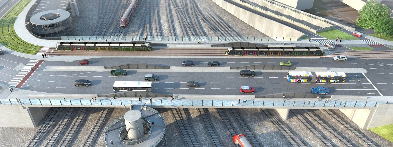 Der Pont Buchler nach seiner Erneuerung im Jahr 2021: Zwei Spuren für die Tram, zwei Spuren für Autos und Busse Richtung Bahnhof und vier Spuren Richtung Bonneweg. Zudem ein Fahrradweg und mehr Platz für Fußgänger.