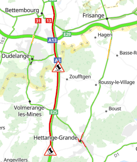 Le trafic ralenti depuis Bettembourg en direction de Thionville sur l'A31.
