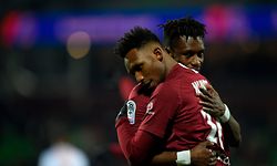 Metz' French Senegalese midfielder Opa N'Guette (L) celebrates with Metz' Ghanean defender John Boye after scoring during the French L1 football match between Metz (FC Metz) and Nimes (Nimes Olympique) at Saint Symphorien stadium in Longeville-les-Metz, eastern France, on March 7, 2020. (Photo by JEAN-CHRISTOPHE VERHAEGEN / AFP)