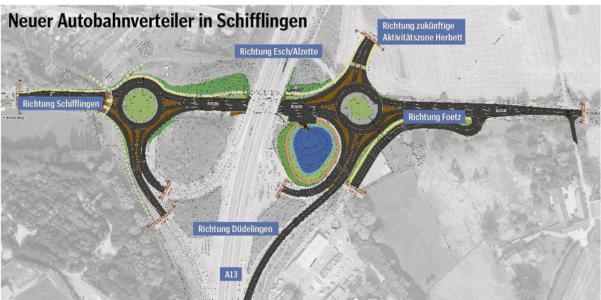 Voici la cartographie du projet: on voit par exemple que la sortie de l'A13 direction Foetz sera directe, tout comme l'entrée sur l'A13 depuis Schifflange