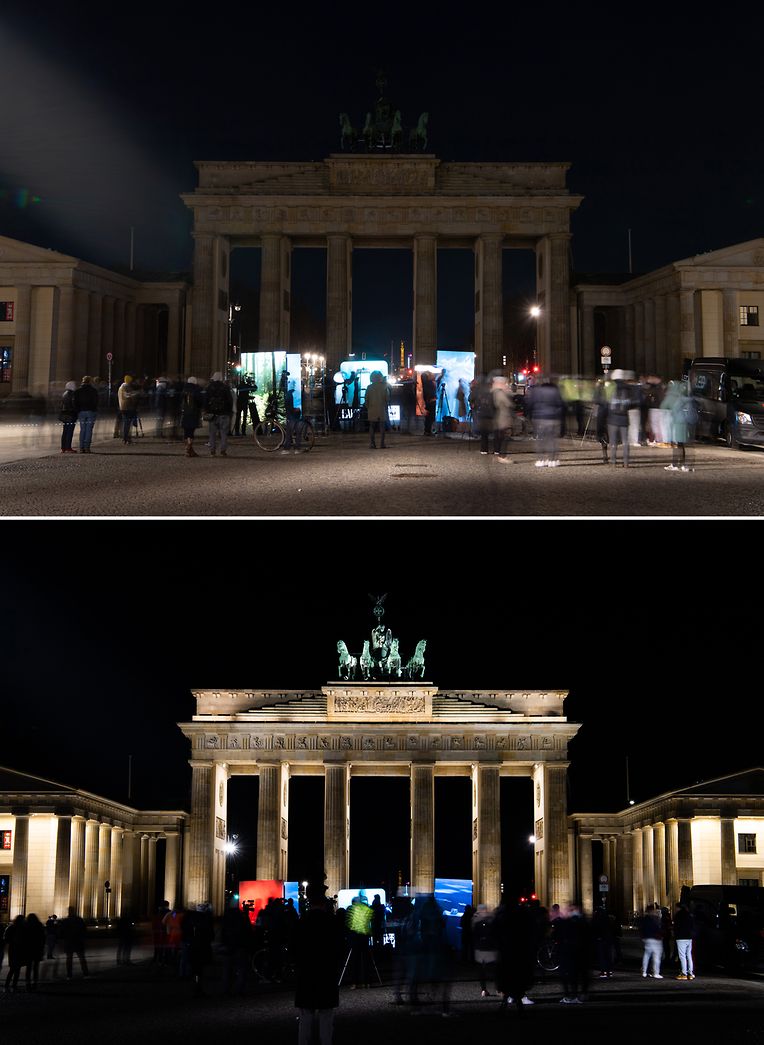 Das Brandenburger Tor (unten) wird während der weltweiten Klima- und Umweltschutzaktion "Earth Hour" nicht beleuchtet (oben).