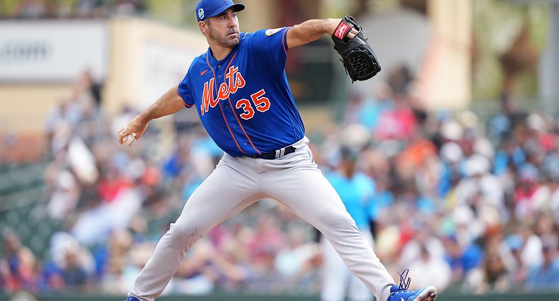JUPITER, FL - MARCH 04: Justin Verlander #35 of the New York Mets delivers a pitch against the Miami Marlins in the first inning at Roger Dean Stadium on March 4, 2023 in Jupiter, Florida. (Photo by Jasen Vinlove/Miami Marlins/Getty Images)