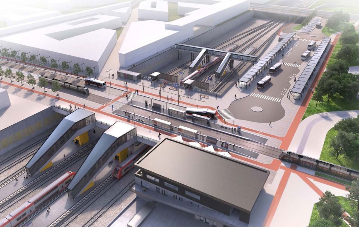 Le futur pôle d'échange de Howald. Le premier des deux quais ouvrira dès le 10 décembre 2017. Le second sera opérationnel dans deux ans. «Cette nouvelle gare importante soulagera la Gare centrale et permettra de prendre directement le tram», explique François Bausch.