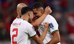 Morocco's midfielder #11 Abdelhamid Sabiri (R) celebrates with teammates after scoring his team's first goal during the Qatar 2022 World Cup Group F football match between Belgium and Morocco at the Al-Thumama Stadium in Doha on November 27, 2022. (Photo by Fadel Senna / AFP)