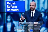 European Council President Charles Michel speaks during a press conference to present his new proposal for the MFF (Multiannual financial framework) and the recovery package at the European Council building in Brussels on July 10, 2020. (Photo by Kenzo TRIBOUILLARD / POOL / AFP)