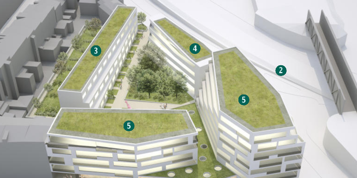 Zwischen der Rue Victor Hugo (1) und dem Boulevard Prince Henri (2) entsteht nun doch kein Hochhaus, sondern eine Reihe von elf Einfamilienhäusern (3), ein Studentenwohnheim (4) und ein Doppelgebäude (5) mit Geschäften, Büros und 50 Wohnungen.