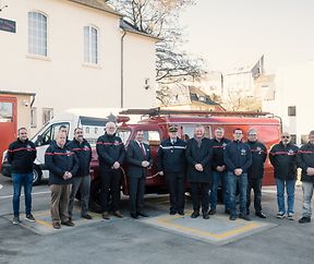 Visite de S.A.R. le Grand-Duc Héritier Guillaume au Pompjeesmusée an der Géitz  Jos Molitor, Pereira L., Patrick Juncker (Präsident Musee), SAR Guillaume, Marc Mamer (Präsident FNSP), Fränk Arndt (Bourgmestre Commune de Wiltz), Nols N., Patrick Muller, Raymond Comes, Luigi Mazzone, Bartz J.07.02.2023Wiltz, Rue GeetzPhoto: Commune de Wiltz / Ben Majerus