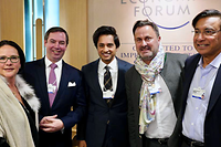 In Davos gab es auch ein kurzes Treffen mit Lakshmi Mittal (rechts neben Premier Xavier Bettel) und Aditya Mittal (Mitte) von ArcelorMittal. Finanzministerin Yuriko Backes links neben Prinz Guillaume.