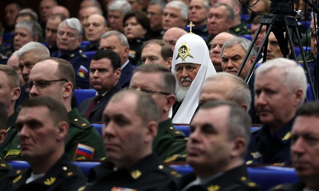 Russian Orthodox Patriarch Kirill attends a meeting of the Russian Defence Ministry Board, December 21, 2022