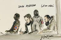 This court-sketch made on December 6, 2022 shows French defendant Salah Abdeslam and  Defendant Sofien Ayari in the courtroom as they appear in their trial along with alleged jihadists, accused of directing or aiding suicide bombings in Brussels' metro and airport, on March 22, 2016 at the Brussels-Capital Assizes Court on December 6, 2022. (Photo by JONATHAN DE CESARE / various sources / AFP) / Belgium OUT