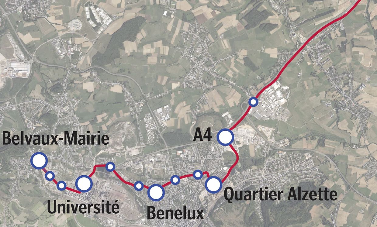 Détail du projet projeté passant par Esch-sur-Alzette jusqu'à Belvaux.