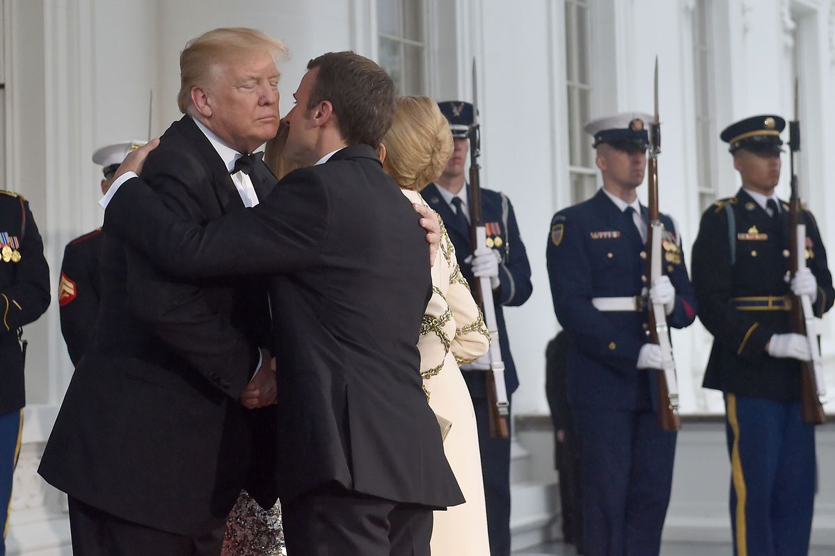 US President Donald Trump welcomes French President Emmanuel Macron for a State Dinner at the North Portico of the White House Photo: AFP