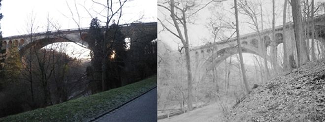 Die Walnut Lane Bridge in Philadelphia (rechts) wurde nach den gleichen Plänen gebaut, wie die Adolphe Brücke in Luxemburg.
