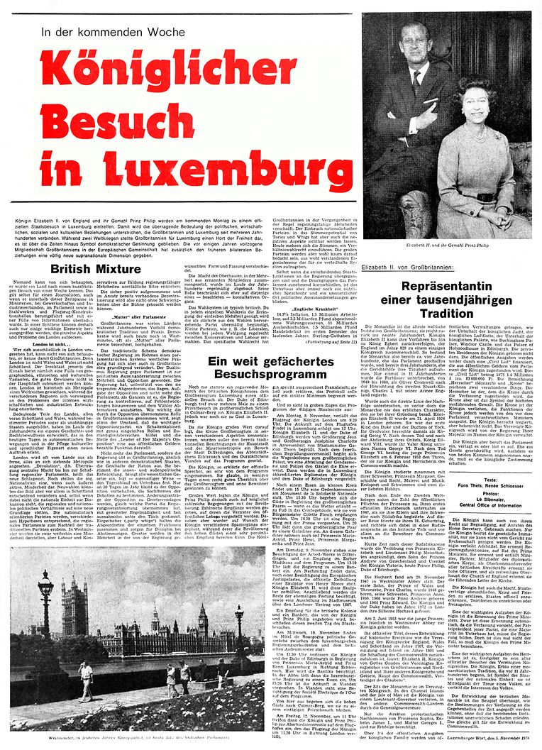 5. November 1976: Bericht im "Luxemburger Wort" über den Staatsbesuch des britischen Königspaars in Luxemburg