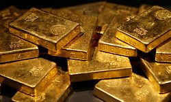 Gold bars are on display at the "Gold" exhibit in the American Museum of Natural History in New York, Wednesday, Nov. 8, 2006.  The exhibit, which contains about a ton of gold, opens to the public on Nov. 18, 2006. (AP Photo/Seth Wenig)