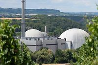 The nuclear power plant with its Unit I (L) and Unit II (R) is seen in Neckarwestheim, southern Germany, on July 26, 2022. (Photo by THOMAS KIENZLE / AFP)