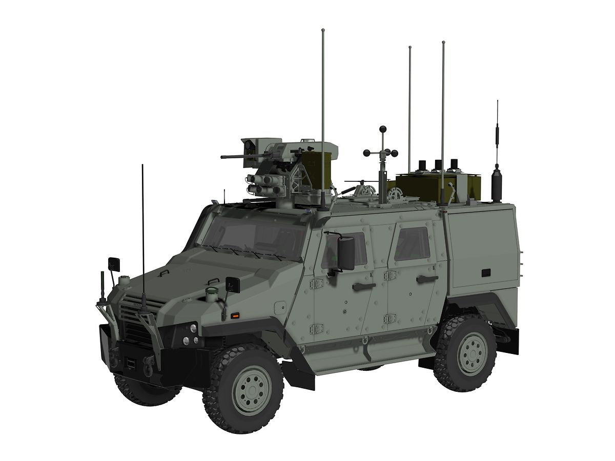 Conçu par General Dynamics European Land Systems, l'"Eagle V" pèse neuf tonnes et atteint une charge utile de 2,5 tonnes. 