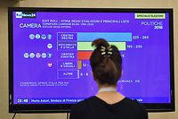 A journalist watches a tv screen showing the first exit polls at the  Five Star Movement (M5S) press room early on March 5, 2018 after the closure of the polling stations in Rome. 
An exit poll by private channel La7 put Lega Nord's coalition at between 32 and 37.6 percent and the Five Star Movement between 28.8 and 30.8 percent. The ruling centre-left Democratic Party was trailing in third place, according to the exit polls. / AFP PHOTO / Andreas SOLARO