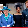 (FILES) In this file photo taken on July 10, 2018 (L-R) Britain's Camilla, Duchess of Cornwall, Britain's Queen Elizabeth II, Britain's Meghan, Duchess of Sussex, Britain's Prince Harry, Duke of Sussex, AND Britain's Prince William, Duke of Cambridge come onto the balcony of Buckingham Palace to watch a military fly-past to mark the centenary of the Royal Air Force (RAF). - Britain's Prince Harry and his wife Meghan will step back as senior members of the royal family and spend more time in North America, the couple said in a shock announcement on January 8, 2020. The surprise news follows a turbulent year for the monarchy, with signs that the couple have increasingly struggled with the pressures of royal life and family rifts. "We intend to step back as 'senior' members of the royal family and work to become financially independent, while continuing to fully support Her Majesty The Queen," they said in a statement released by Buckingham Palace. (Photo by Tolga AKMEN / AFP)